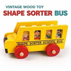 Vintage Wooden Shape Sorter School Bus Toy Kids Learning Puzzle Wood